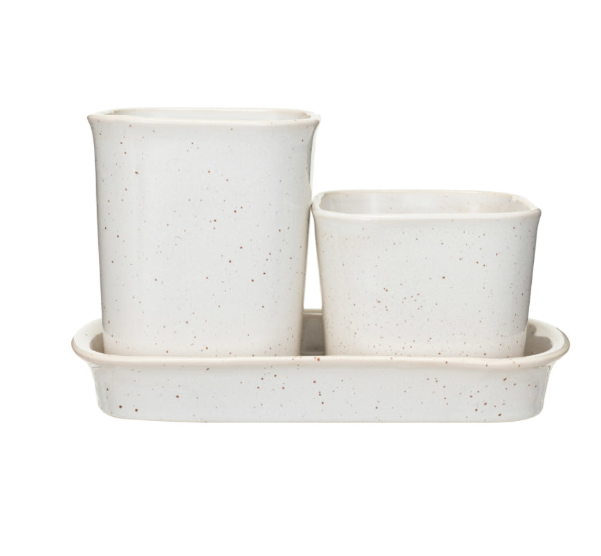 Stoneware Planters/Containers w/ Saucer, Set of 3