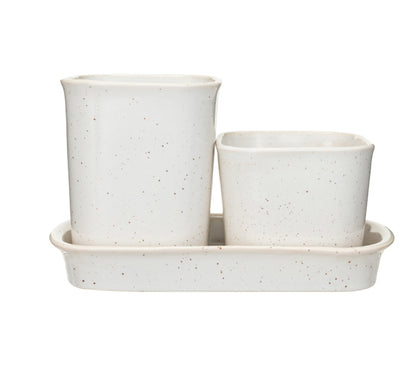 Stoneware Planters/Containers w/ Saucer, Set of 3