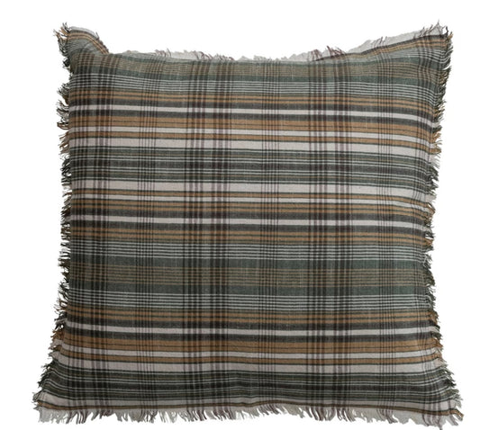 20" Square Woven Linen & Cotton Pillow with Plaid