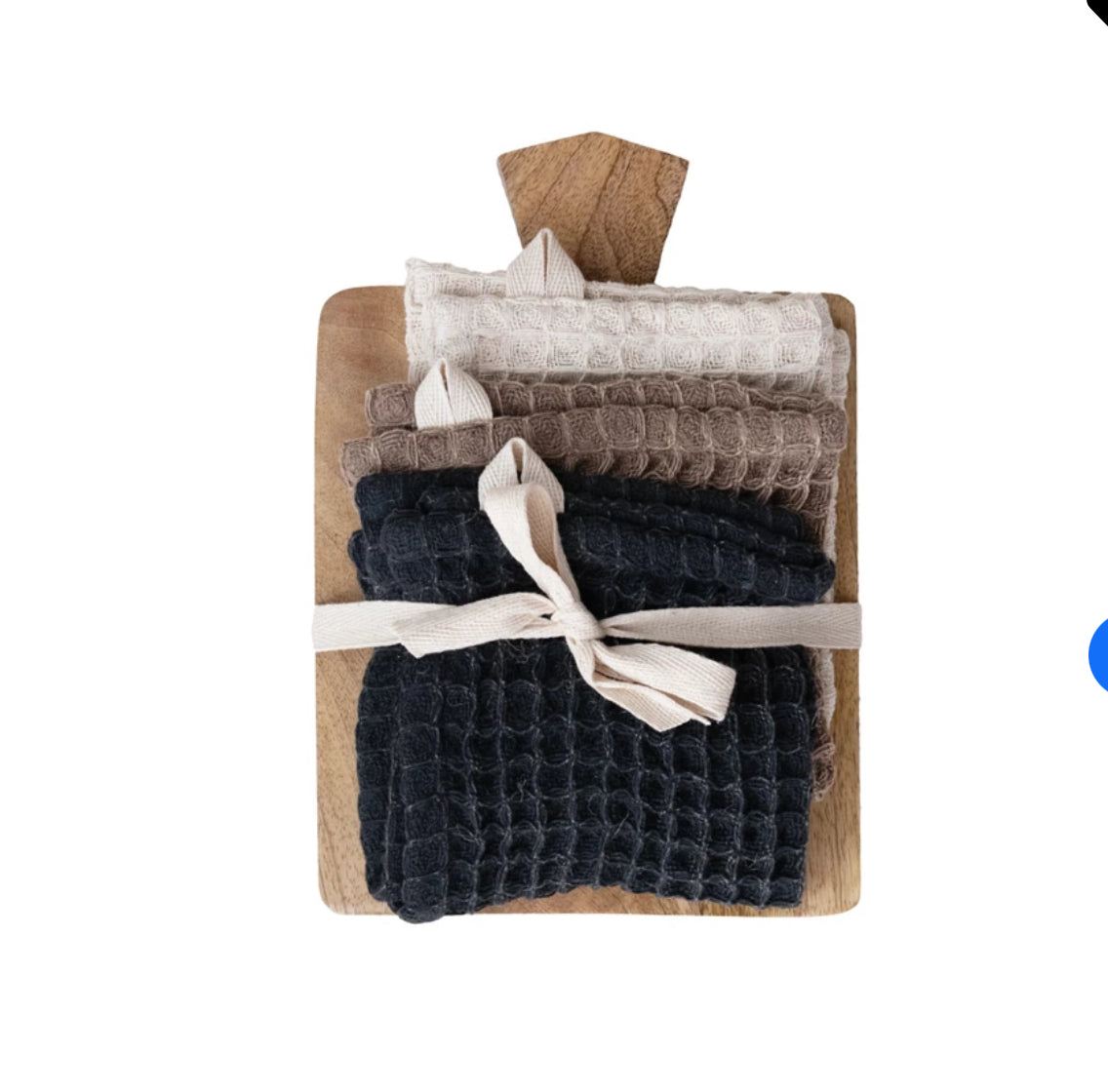 (3) Waffle Weave Dish Cloths w/ Cheese/Serving Board, Set of 4 Tied w/ Cotton Tape