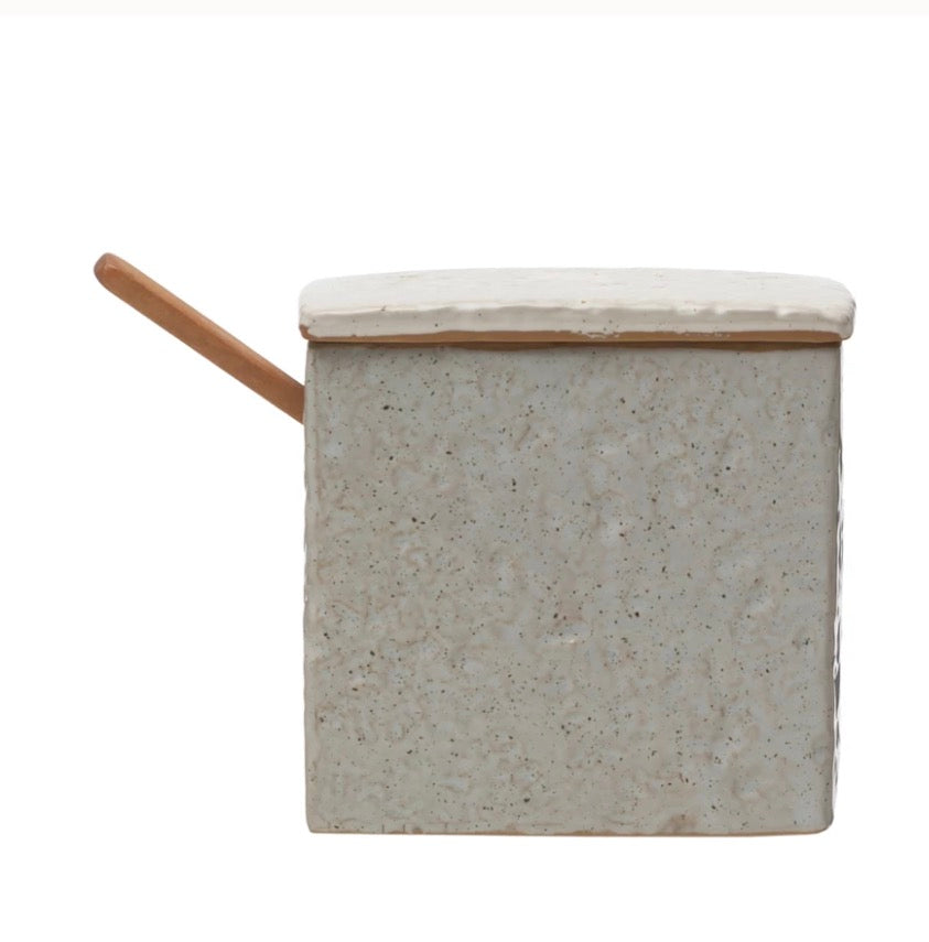 Stoneware Salt Cellar w/ Pine Wood Spoon