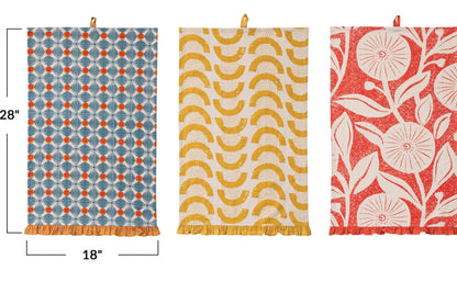 Cotton Printed Tea Towel w/ Pattern & Ruffle, 3 Styles
