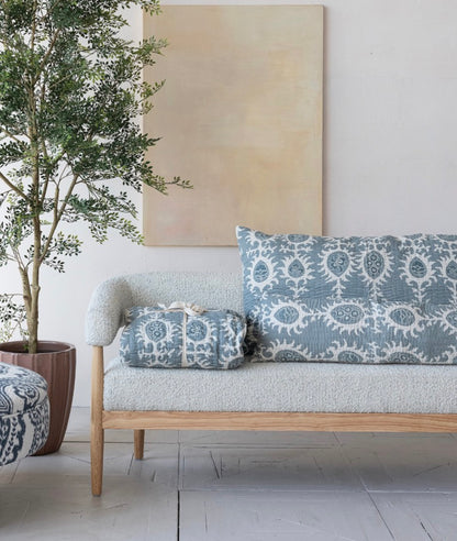 Rubberwood & Boucle Fabric Upholstered Settee