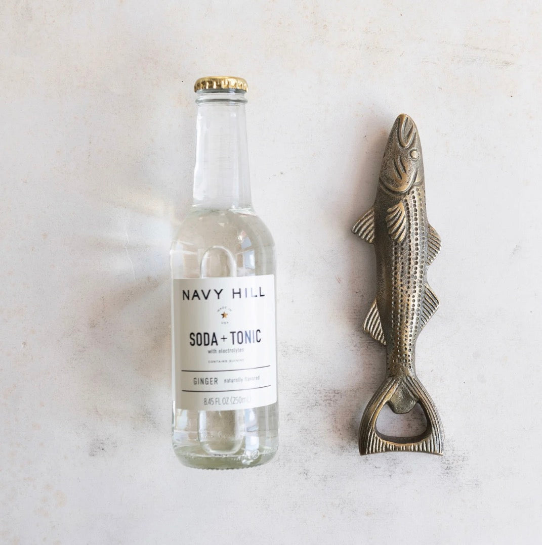 Cast Aluminum Fish Shaped Bottle Opener, Antique Gold Finish