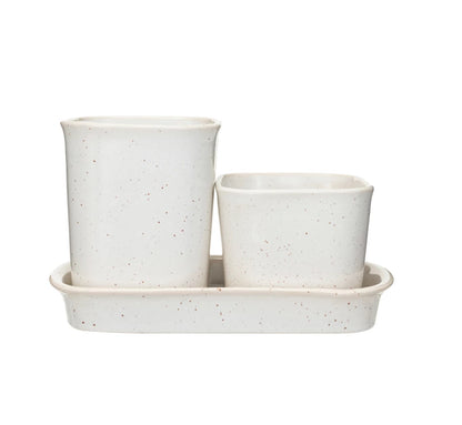 Stoneware Planters/Containers w/ Saucer, Set of 3