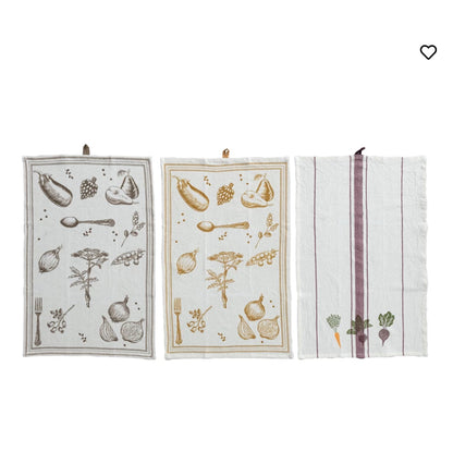 Cotton & Linen Printed Tea Towel w/ Vegetable/Cutlery Pattern, 3 Styles