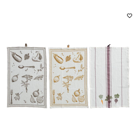 Cotton & Linen Printed Tea Towel w/ Vegetable/Cutlery Pattern, 3 Styles