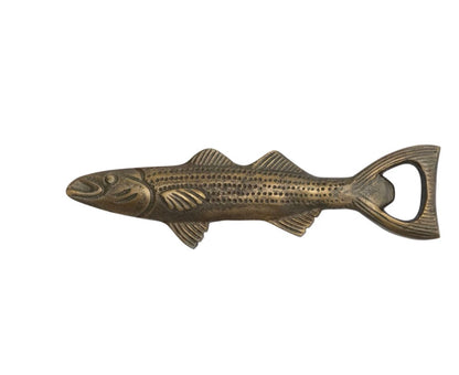 Cast Aluminum Fish Shaped Bottle Opener, Antique Gold Finish