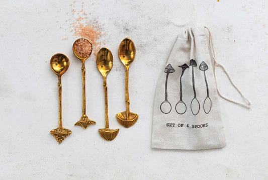 Brass Spoons with Mushroom Handles, Set of 4 in Drawstring Bag