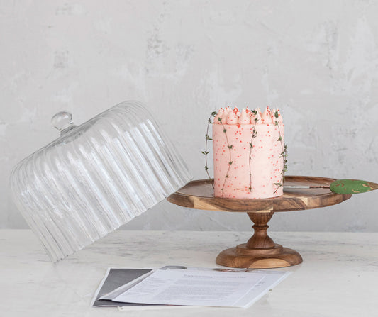 Acacia Pedestal with Glass Cloche