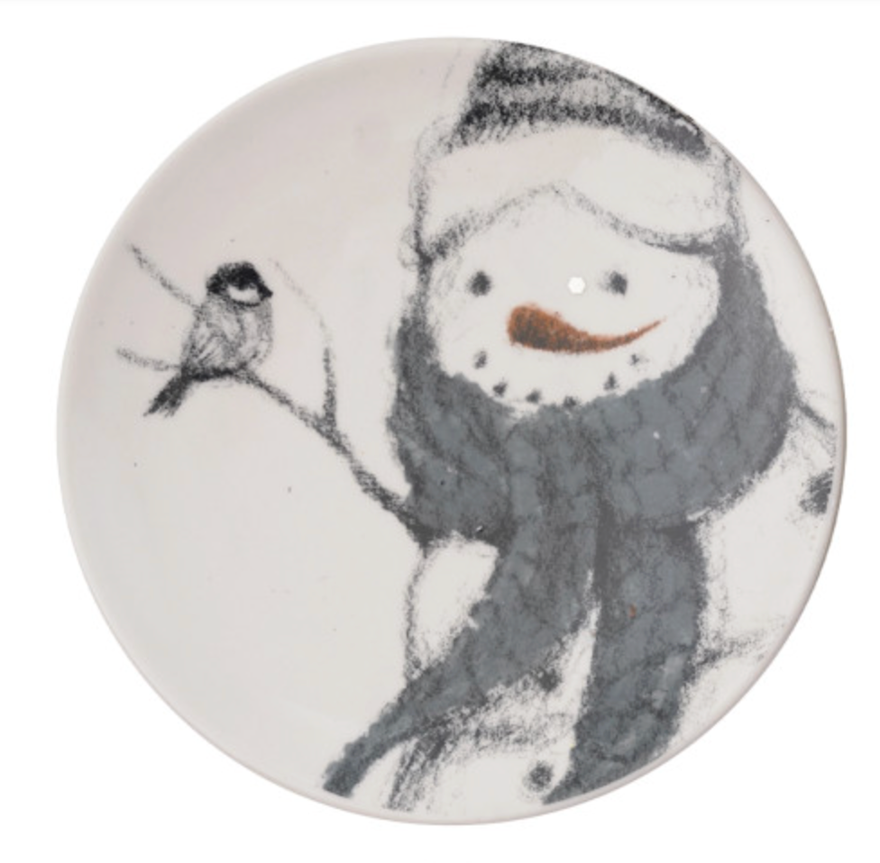 5" Round Stoneware Dish with Snowman & Bird Image