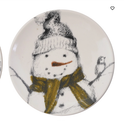 5" Round Stoneware Dish with Snowman & Bird Image