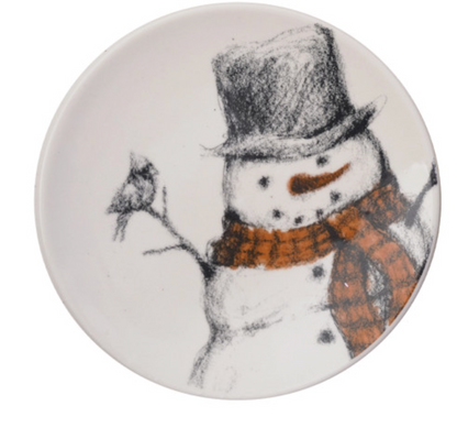 5" Round Stoneware Dish with Snowman & Bird Image