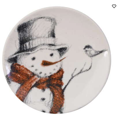 5" Round Stoneware Dish with Snowman & Bird Image