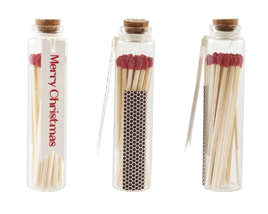 Glass Bottle Match Holder with Tag, Cork Stopper, 25 Safety Matches & Striker
