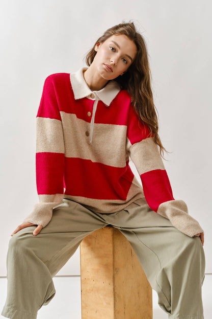 AJT5047 STRIPED POLO NECK SWEATER