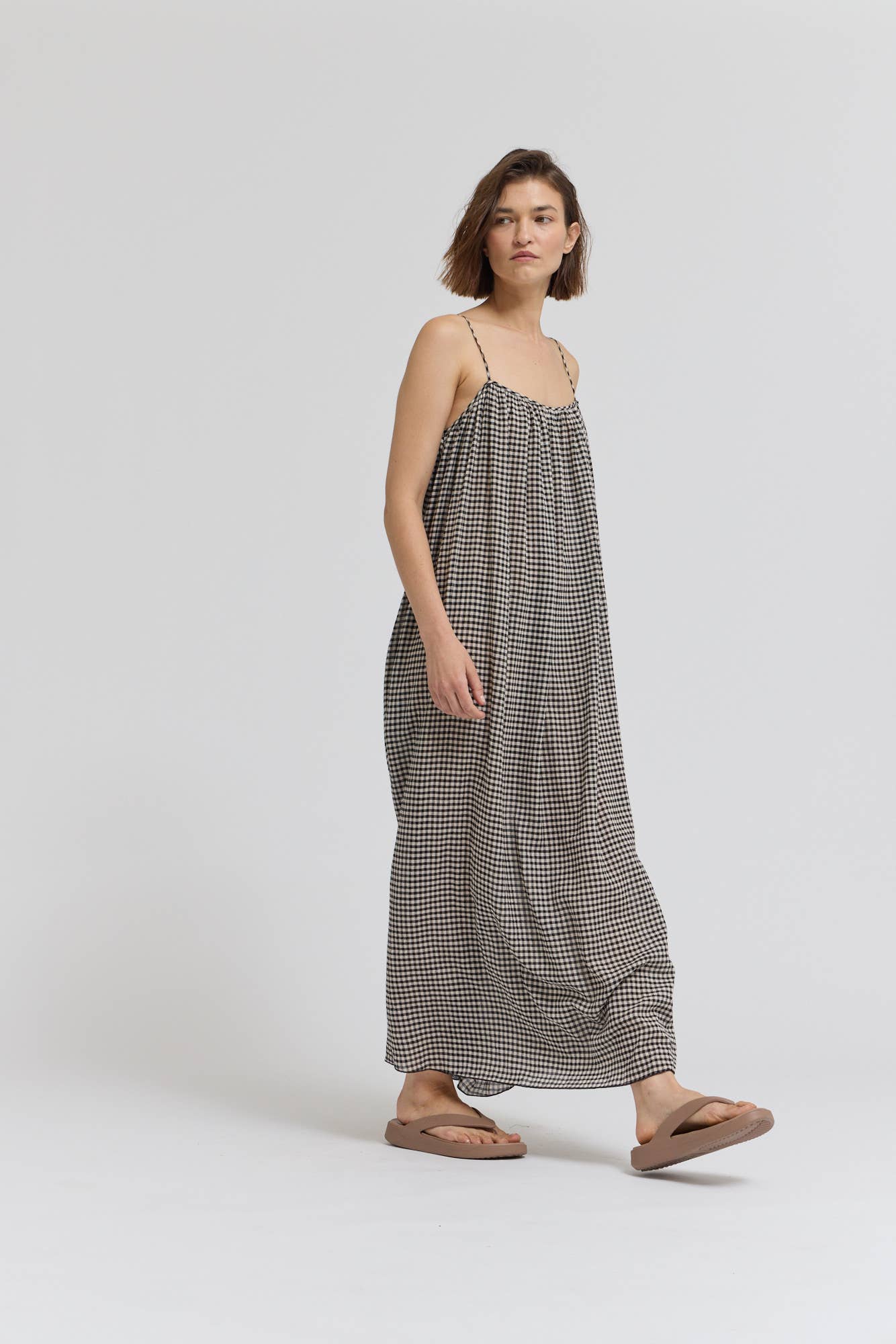 GINGHAM VISCOSE SPAGHETTI DRESS