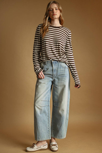 T7238   ROUND NECK LONG SLEEVE STRIPED KNITTED TOP