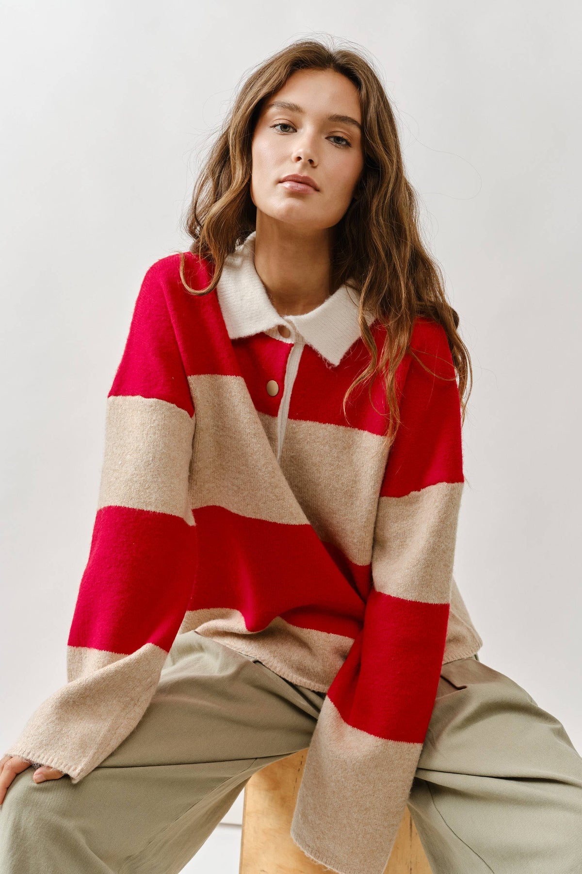 AJT5047 STRIPED POLO NECK SWEATER