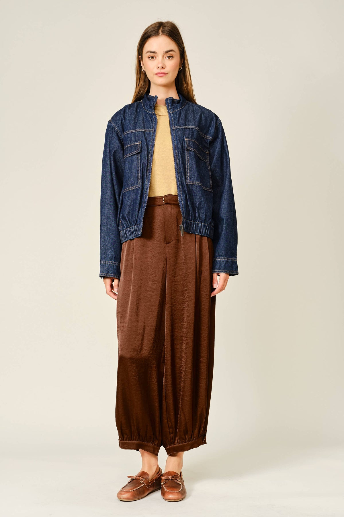 SATIN SHIRRING BAGGY DRESSY PANTS