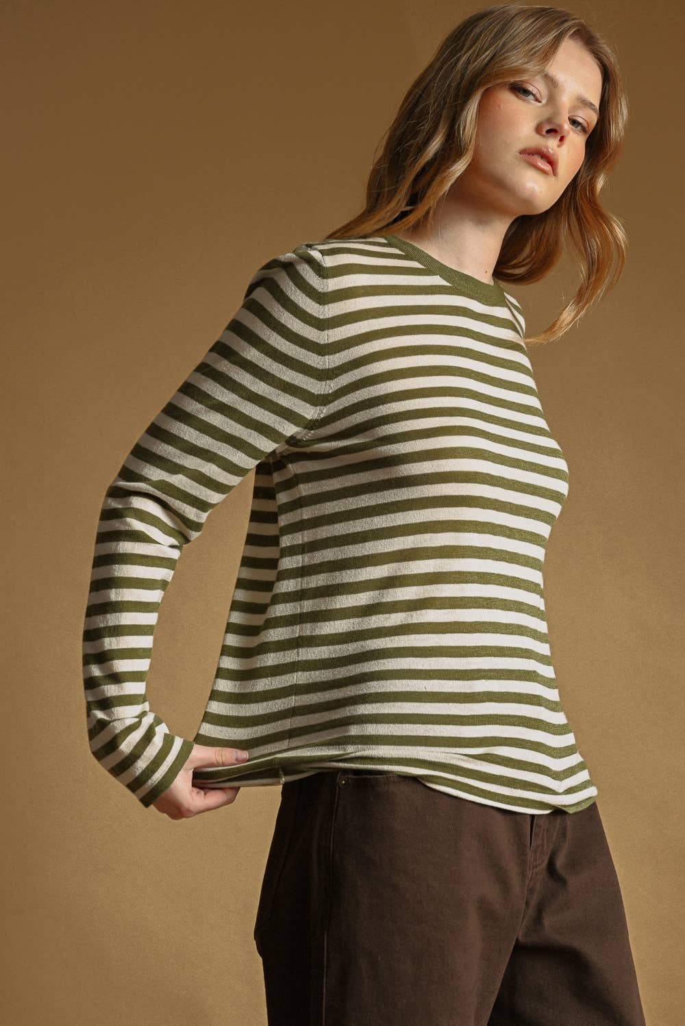 T7238   ROUND NECK LONG SLEEVE STRIPED KNITTED TOP