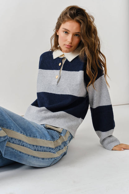 AJT5047 STRIPED POLO NECK SWEATER