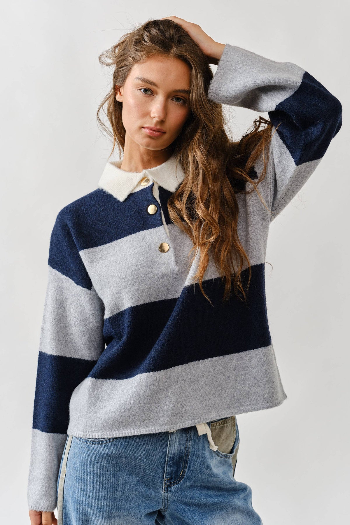 AJT5047 STRIPED POLO NECK SWEATER