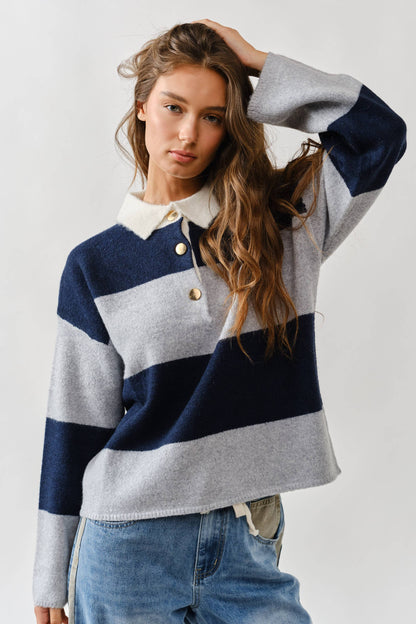 AJT5047 STRIPED POLO NECK SWEATER
