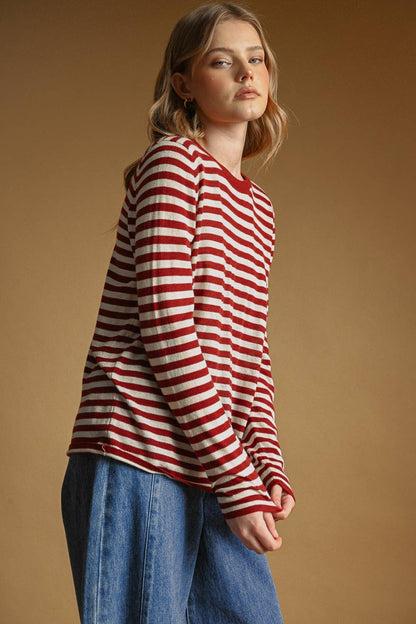 T7238   ROUND NECK LONG SLEEVE STRIPED KNITTED TOP