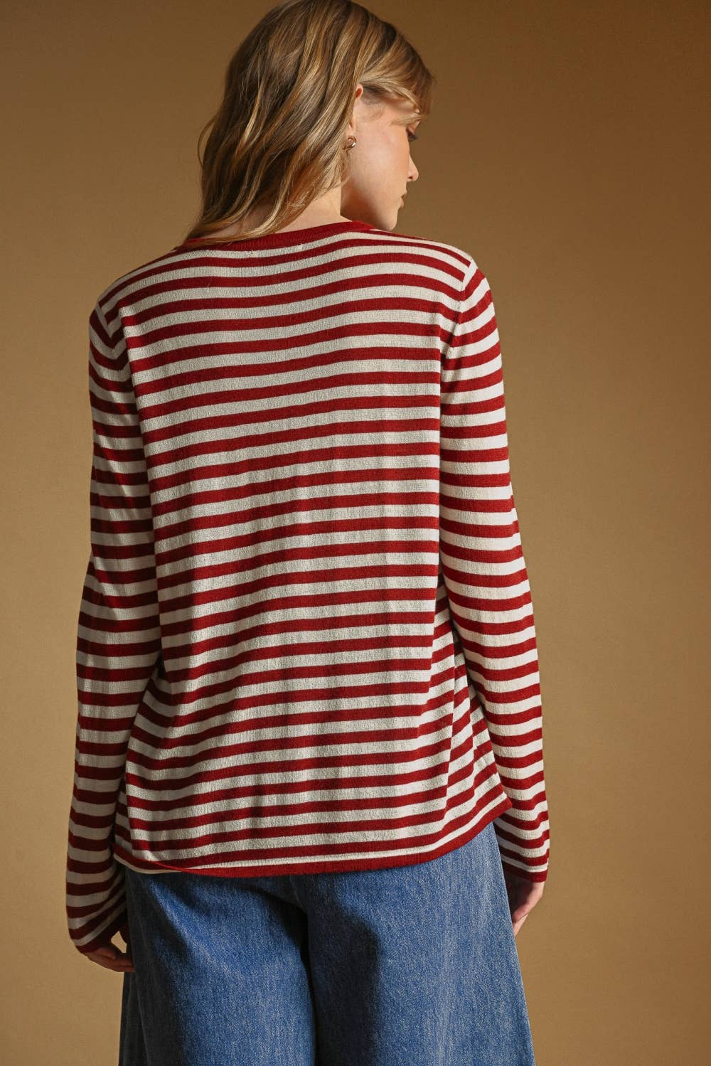 T7238   ROUND NECK LONG SLEEVE STRIPED KNITTED TOP