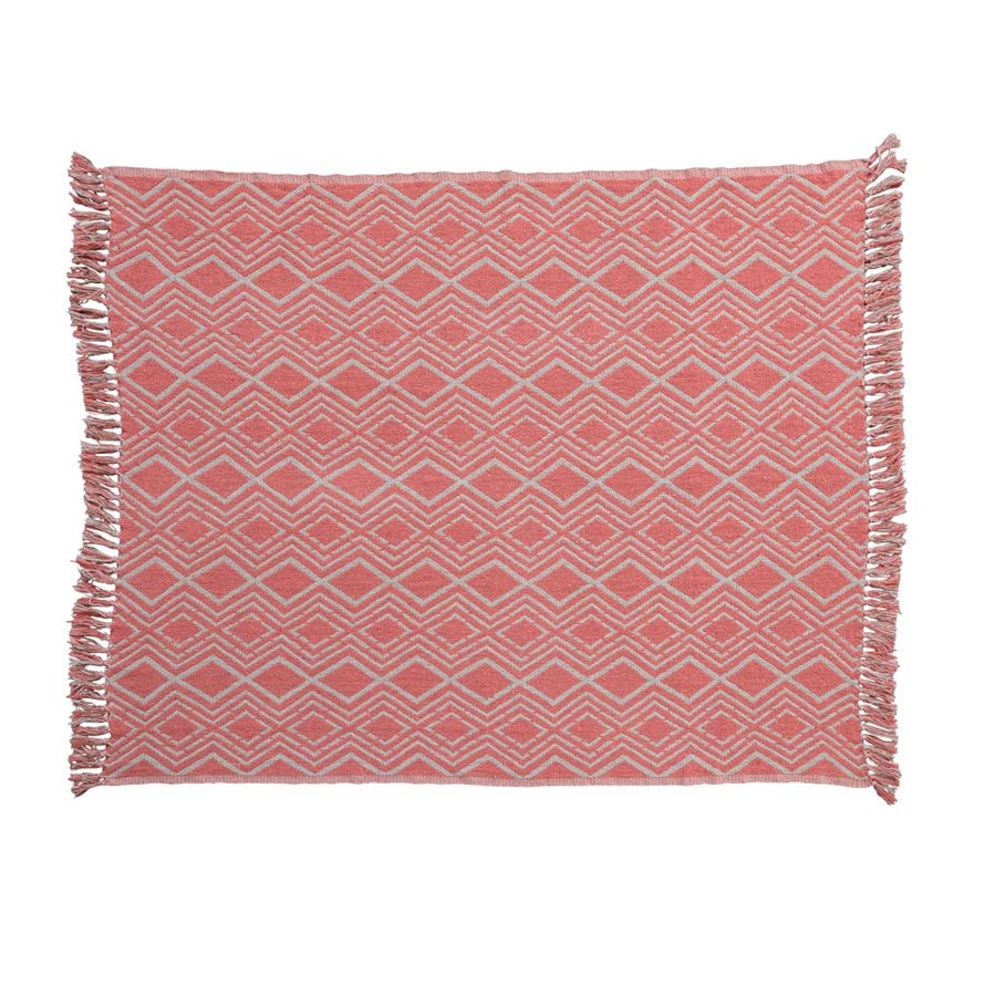 Recycled Cotton Blend Printed Throw w/ Geometric Pattern & Fringe, Pink & Natural