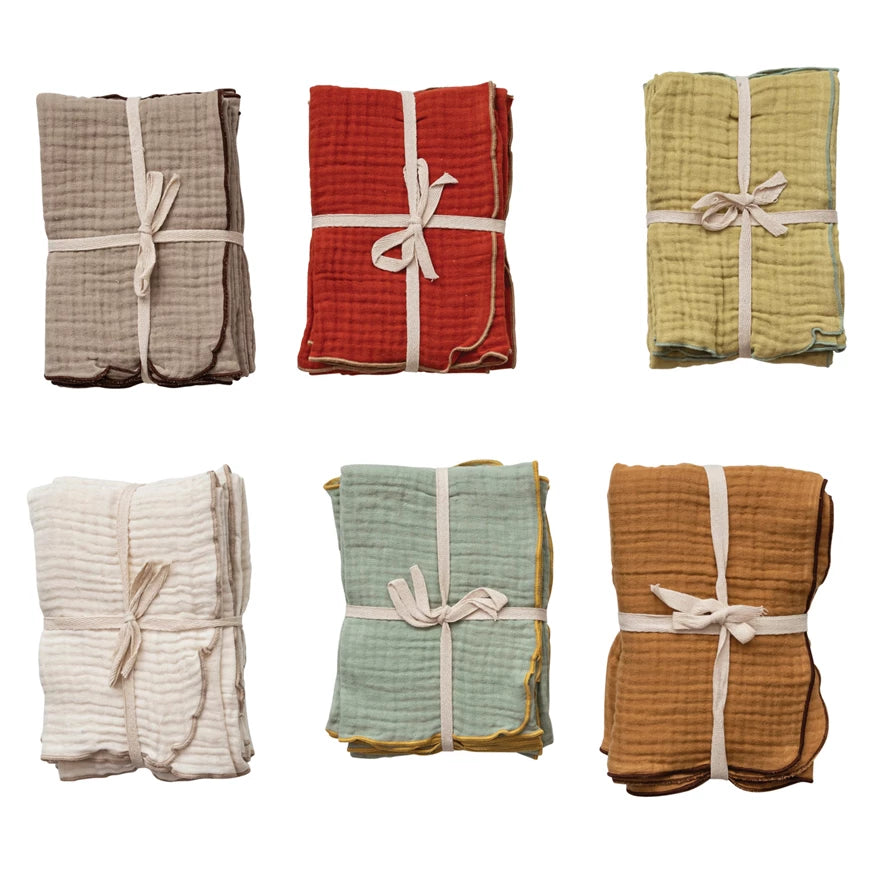 Woven Cotton Double Cloth Tea Towels w/ Contrasting Stitched Edge