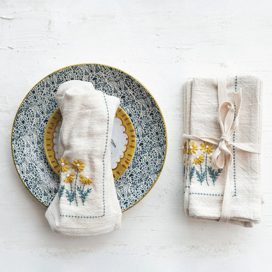 Flowers & French Knot Tea Towels, Set of 4