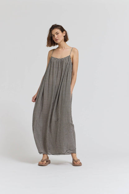 GINGHAM VISCOSE SPAGHETTI DRESS