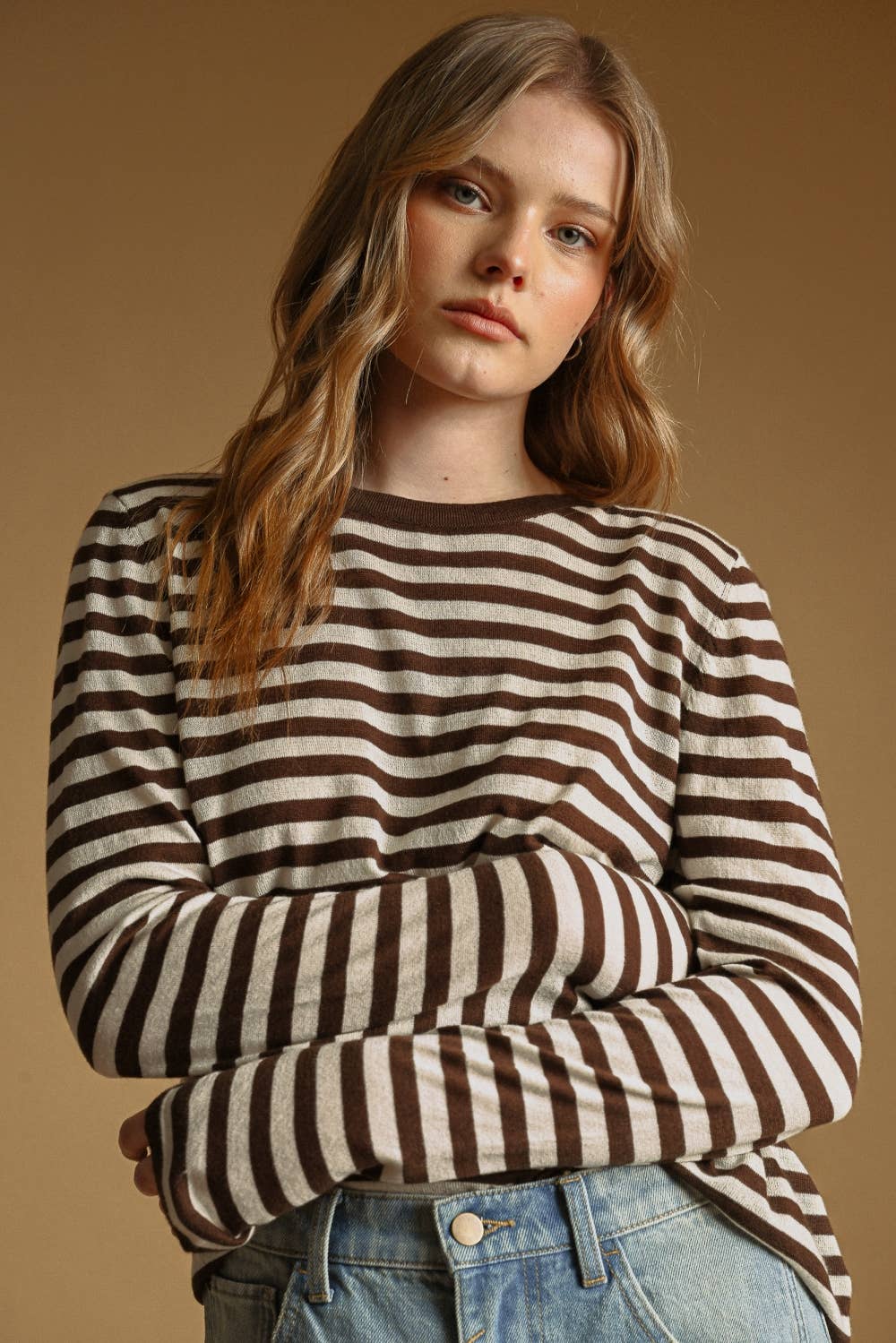 T7238   ROUND NECK LONG SLEEVE STRIPED KNITTED TOP