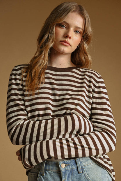 T7238   ROUND NECK LONG SLEEVE STRIPED KNITTED TOP