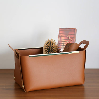 Vegan Leather Storage Basket with Metal Edge