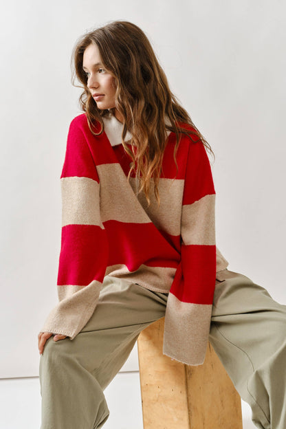AJT5047 STRIPED POLO NECK SWEATER