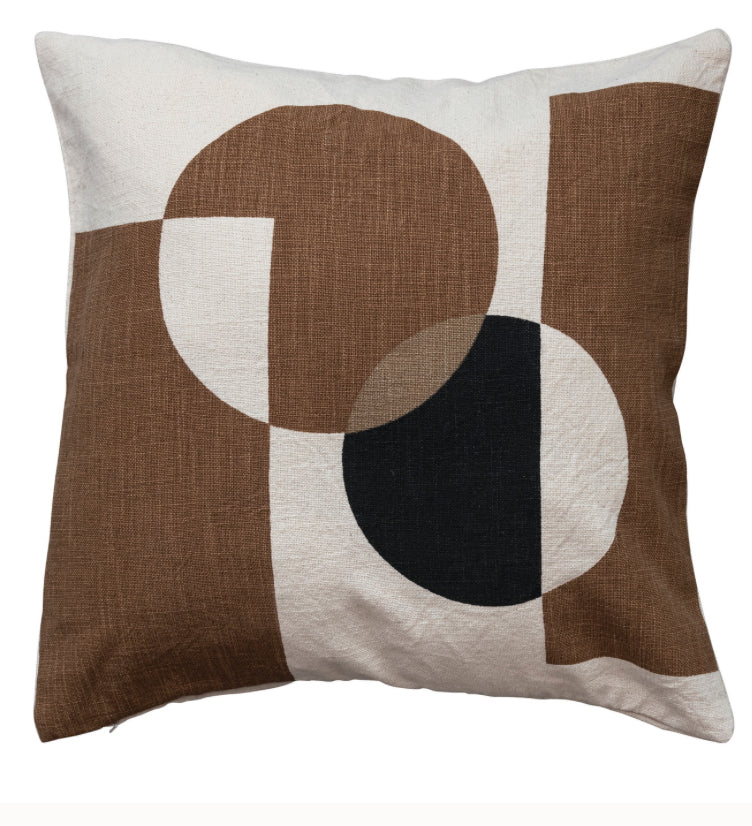 Square Cotton Slub Printed Pillow w/ Circles & Rectangles