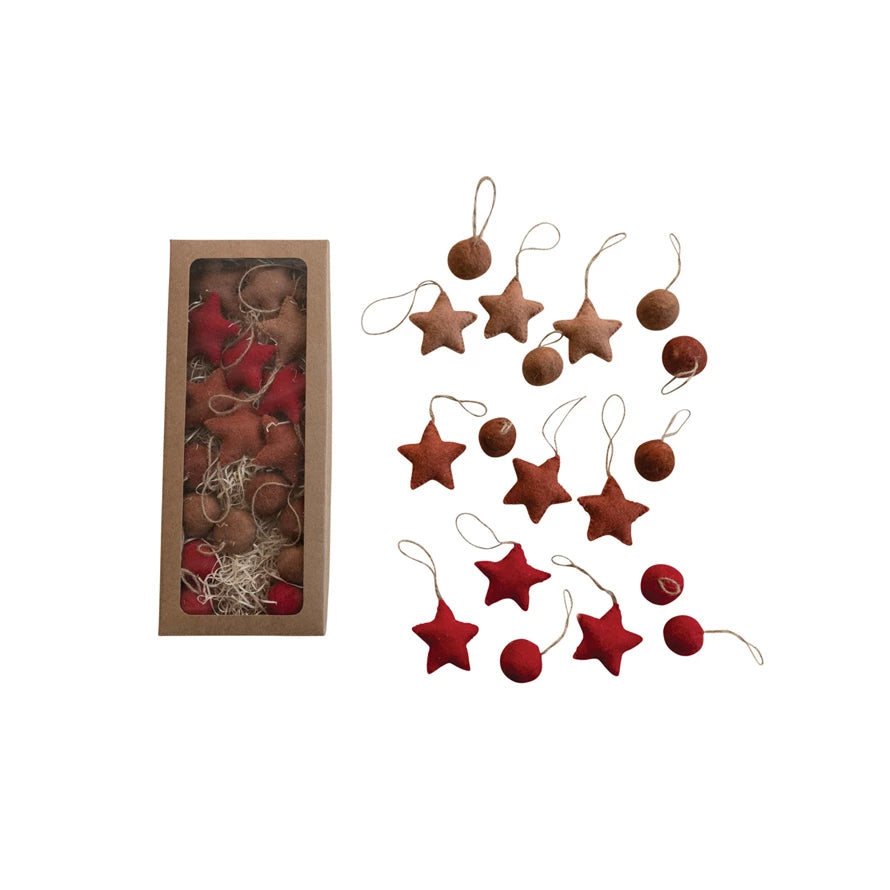 Felt Ball and Star Ornaments, Set of 18, 2 styles