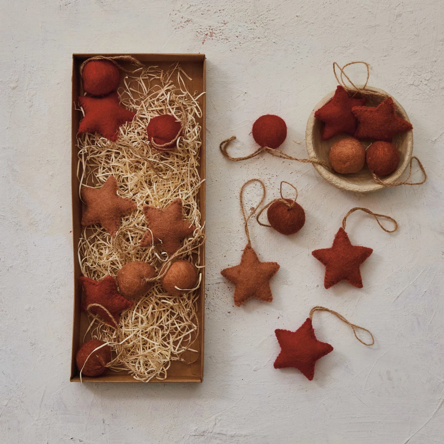 Felt Ball and Star Ornaments, Set of 18, 2 styles