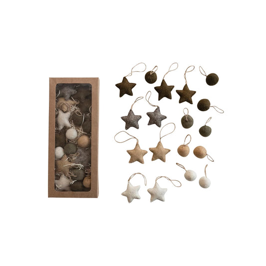 Felt Ball and Star Ornaments, Set of 18, 2 styles